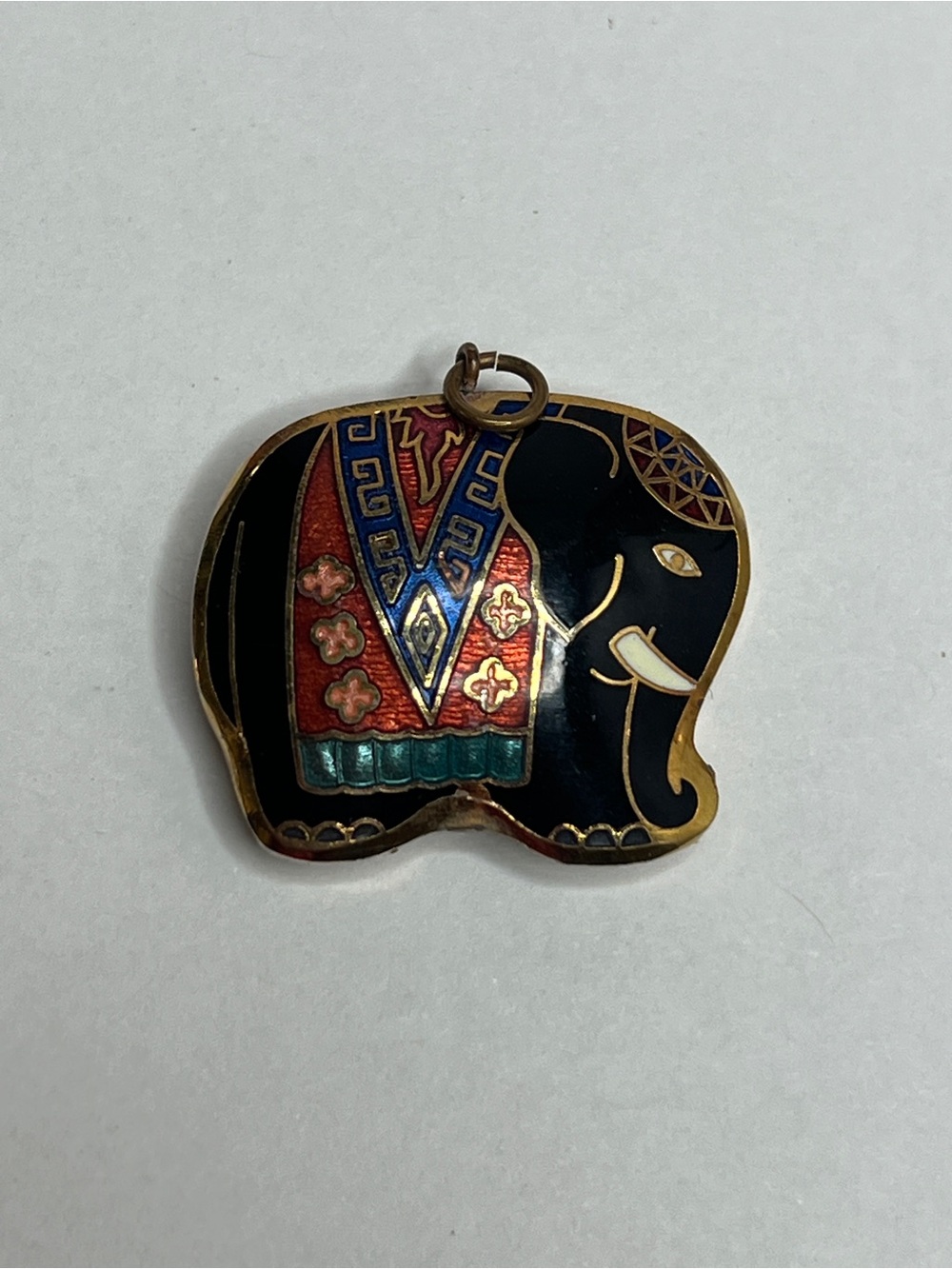 Vintage Cloisonne Decorative Black Enamel Elephant Pendant with Multicolor Accen